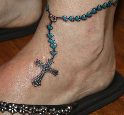 Rosary Cross Christian Tattoo On Left Ankle