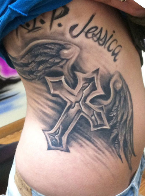 Winged Cross Christian Tattoo On Side Rib