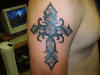 Tribal Cross Christianity Tattoo On Right Half Sleeve