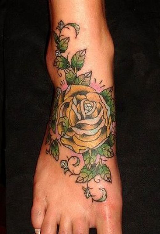Yellow Rose Flower Tattoo On Right foot