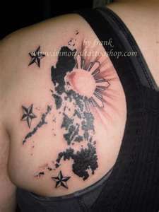 Stars And Filipino Tattoo On Left Back Shoulder