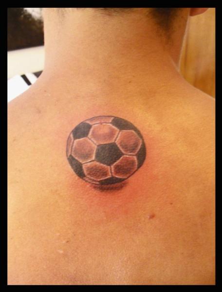 Grey Ink Football Tattoo On Upperback