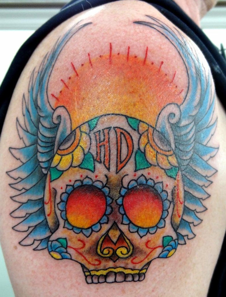 Winged Sugar Skull Harley Tattoo On Man Right Shoulder