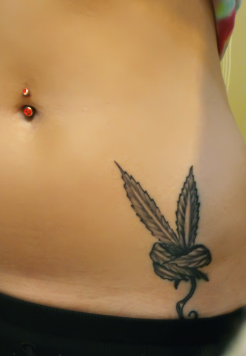 Grey Ink Pot Leaf Tattoo On Left Hip