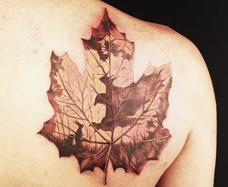 Right Back Shoulder Maple Leaf Tattoo