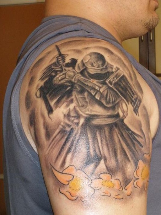 Right Shoulder Grey Ink Money Tattoo