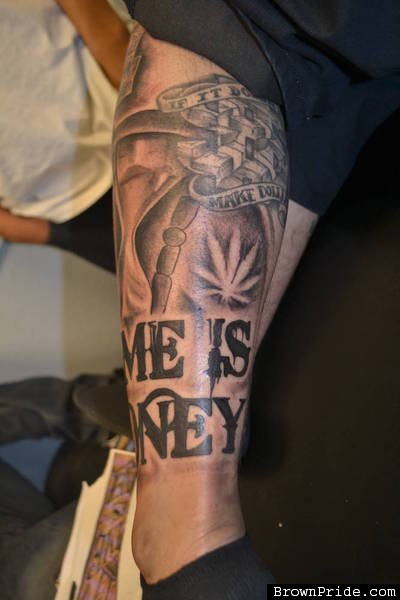 Time Is Money Tattoo On Leg