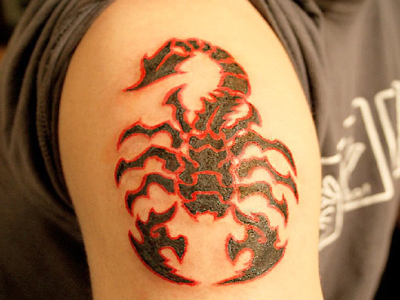 Red And Black Ink Scorpio Tattoo On Shoulder