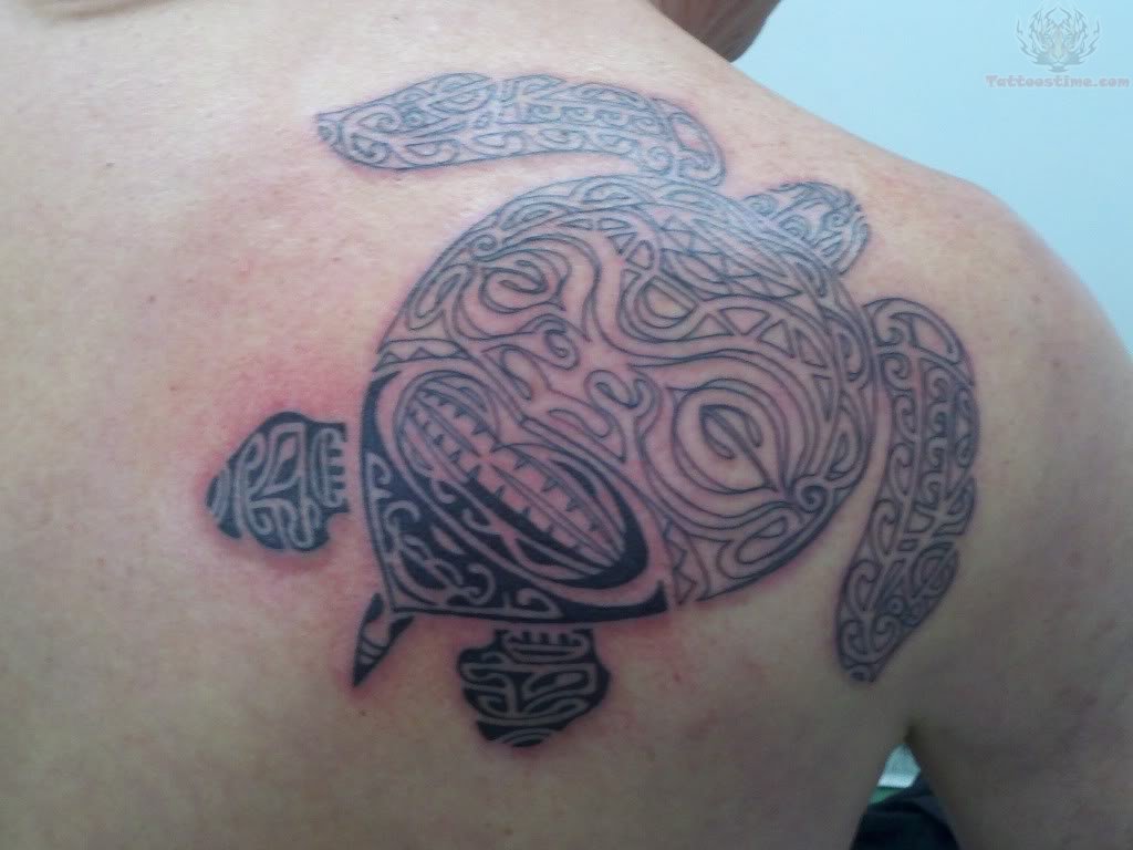 Tiki Turtle Tattoo On Right Back Shoulder