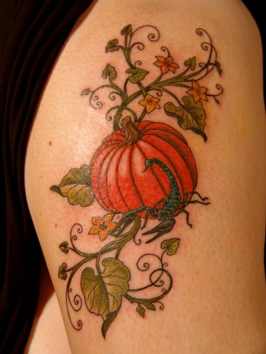 Right Thigh Pumpkin Tattoo