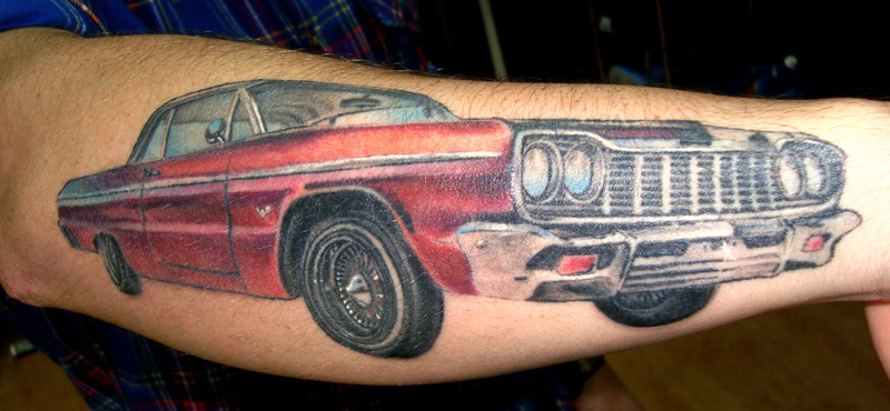 Red Car Automobile Tattoo On Sleeve