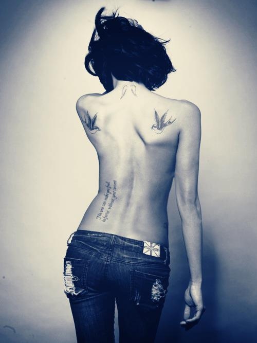 Girl Back Shoulders Bird Tattoo