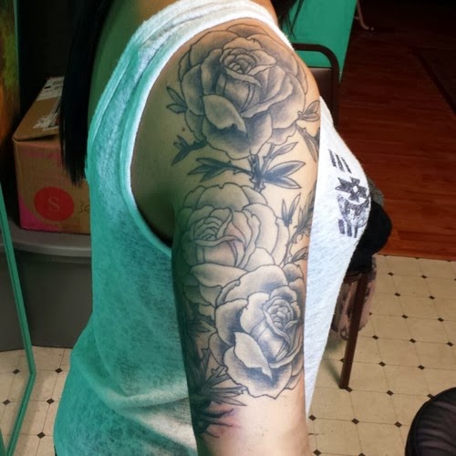 Half Sleeve Rose Flowers Black And White Tattoo