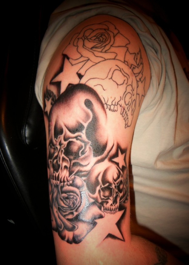 Man Right Half Sleeve Black And White Tattoo