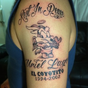 Grey Ink Memorial Coyote Tattoo On Half Sleeve