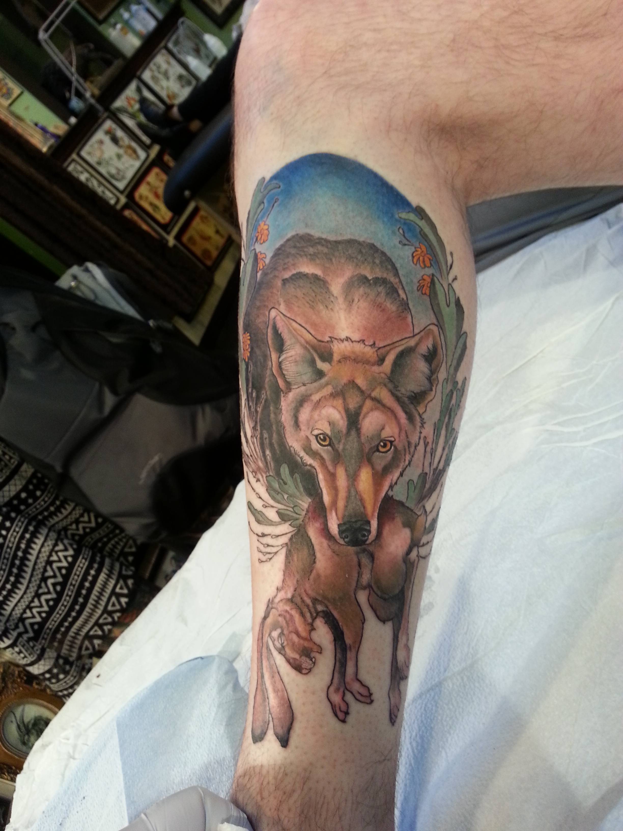 Left Leg Color Coyote Tattoo