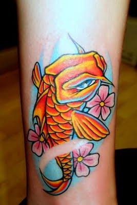 Pink Flowers And Carp Fish Tattoo