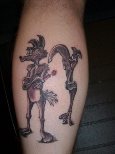 Wiley Coyote And Road Runner Tattoos On Back Leg