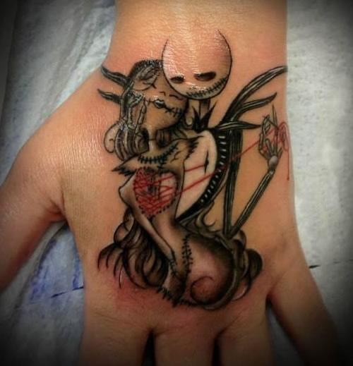 Grey Ink Nightmare Christmas Tattoo On Left Hand