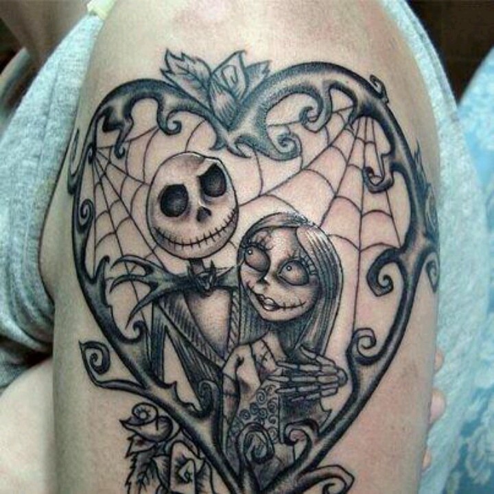 Grey Ink Nightmare Couple Christmas Tattoo On Left Shoulder