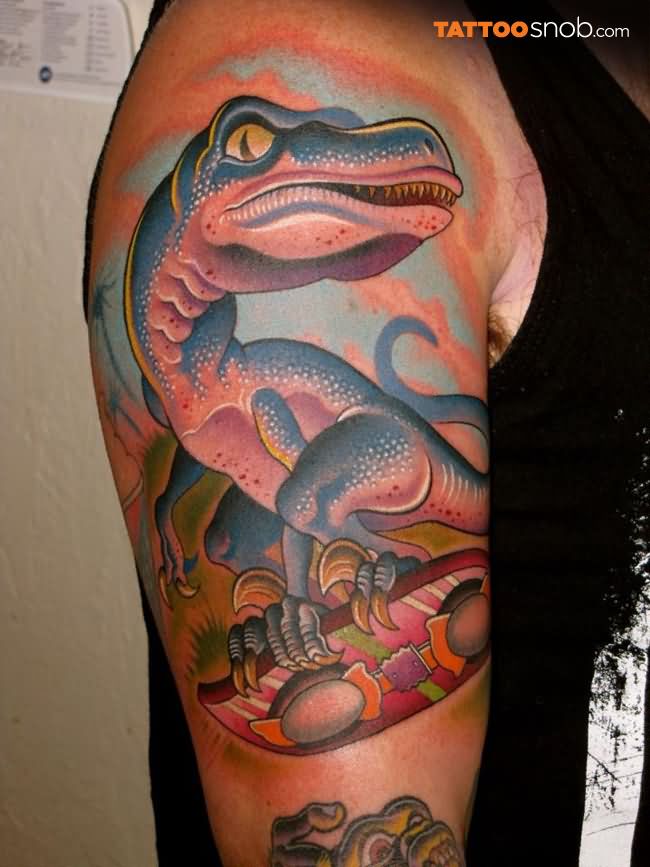 Right Half Sleeve Colored Dinosaur Tattoo