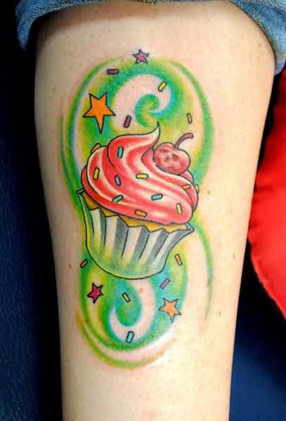 Stars And Cupcake Tattoo On Leg Sleeve