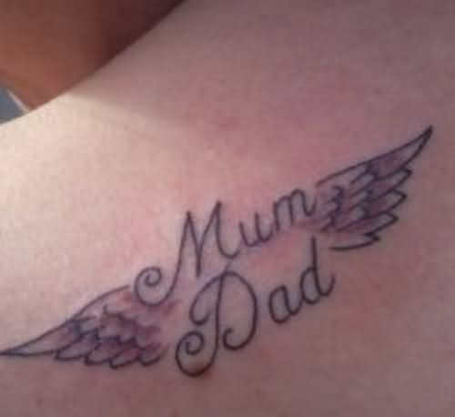 Winged Mum Dad Tattoo On Back Shoulder