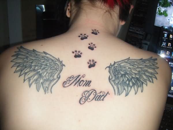 Winged Mum Dad Tattoos On Upperback