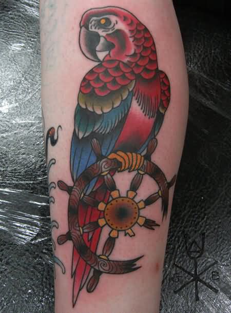 Sailor Wheel And Parrot Tattoo On Leg Sleeve