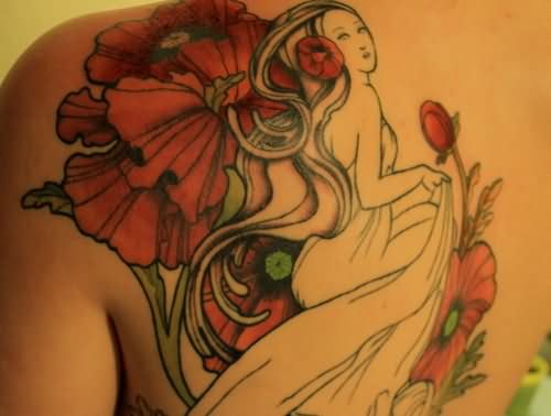 Wonderful Left Back Shoulder Poppy Tattoo