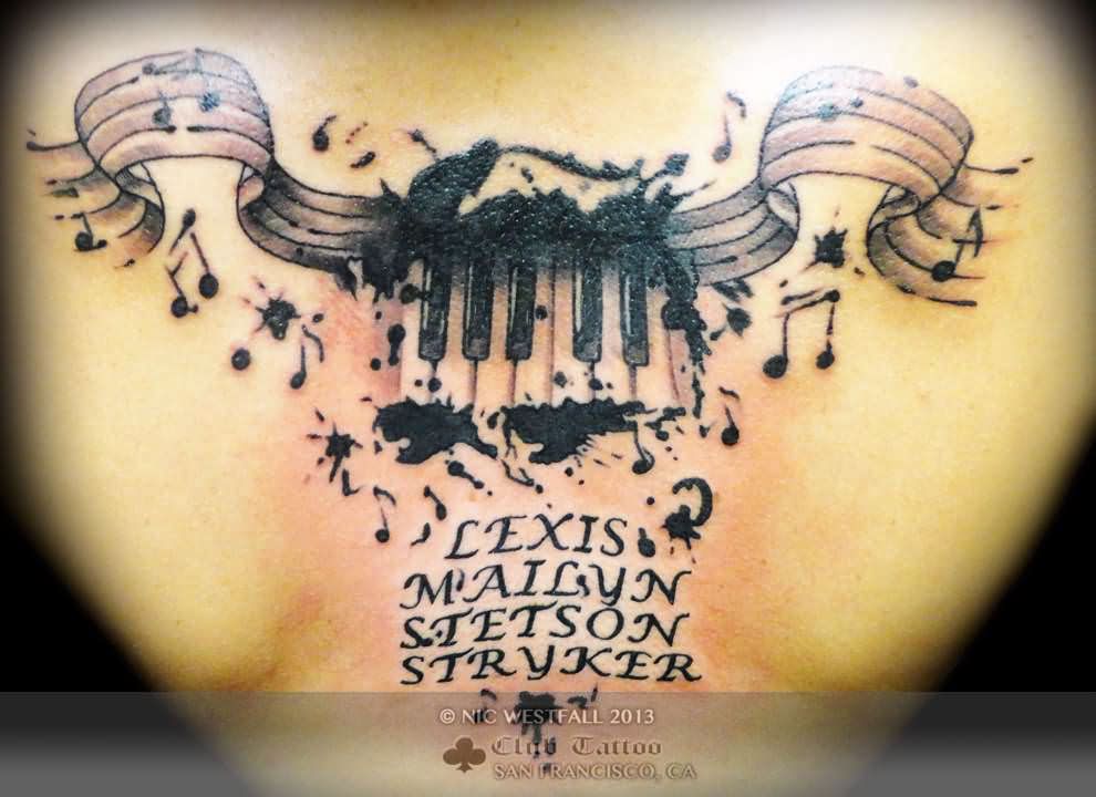 Music Notes And Keyboard Tattoo On Upperback