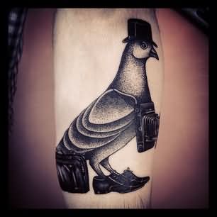 Grey Ink Pigeon Tattoo On Sleeve