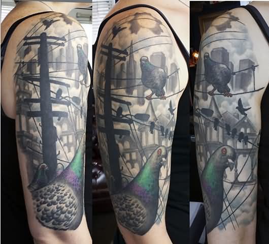 Right Half Sleeve Pigeon Tattoo