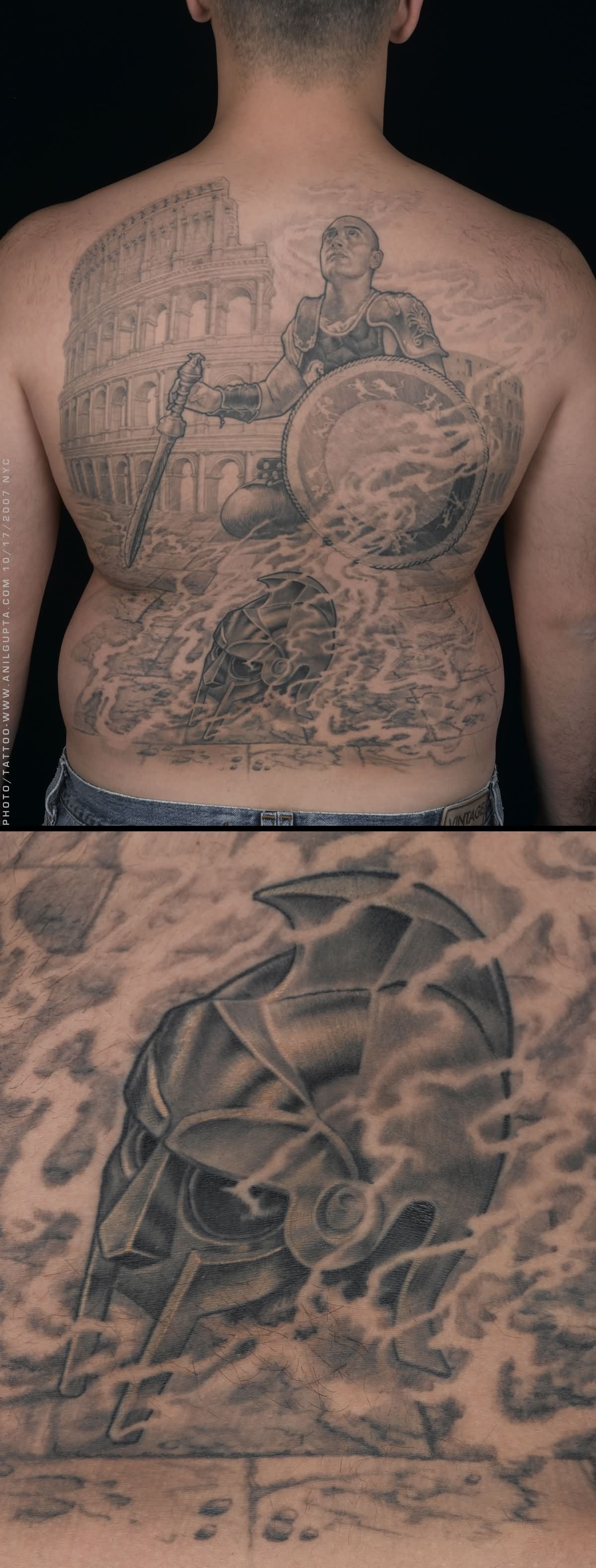 Grey Ink Warrior Historical Tattoo On Back