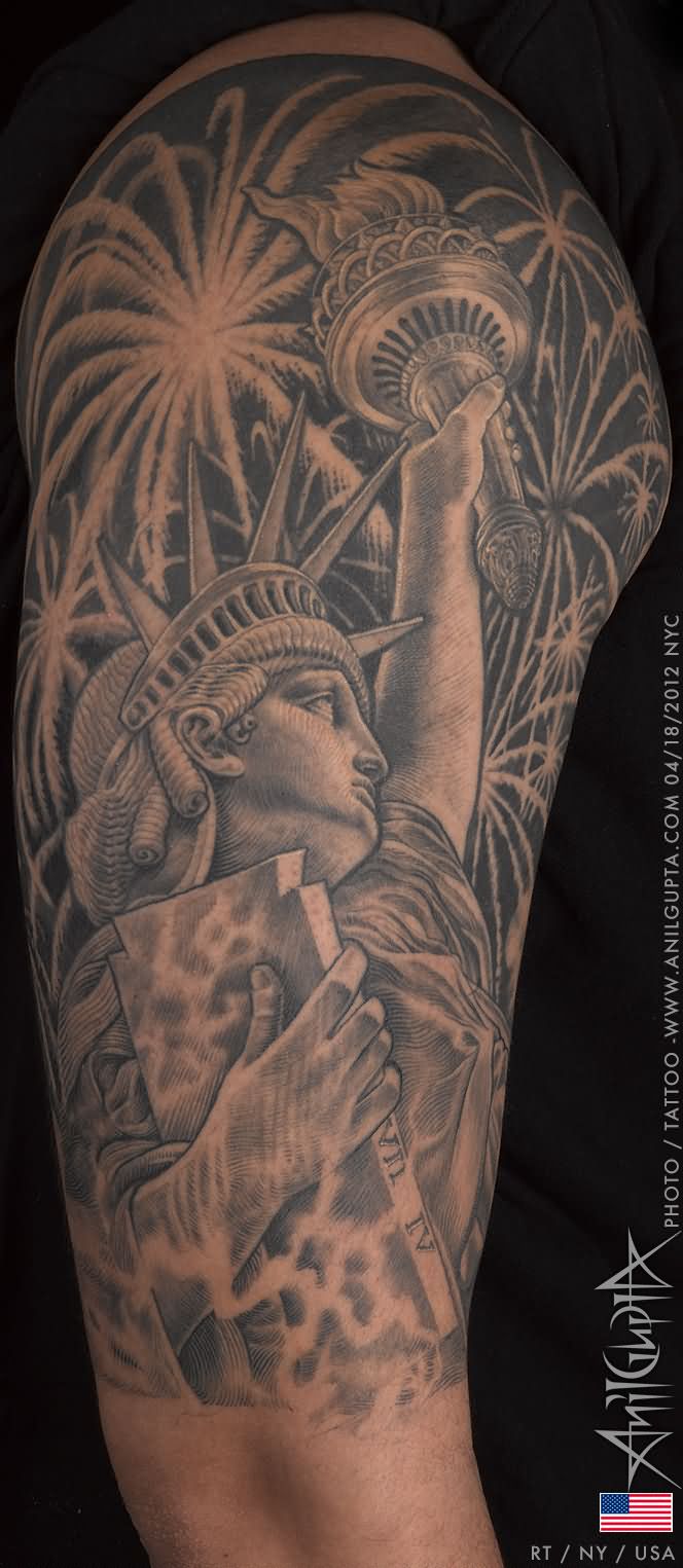 Right Half Sleeve Grey Ink Historical Tattoo