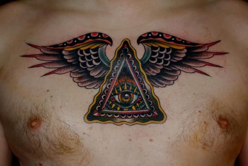 Winged Triangle Eye Tattoo On Man Chest