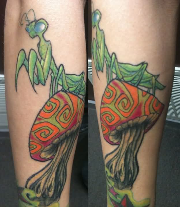 Mushroom And Green Ink Mantis Tattoo On SLeeve