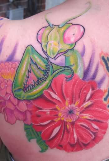 Red Flower And Mantis Tattoo On Left Back Shoulder