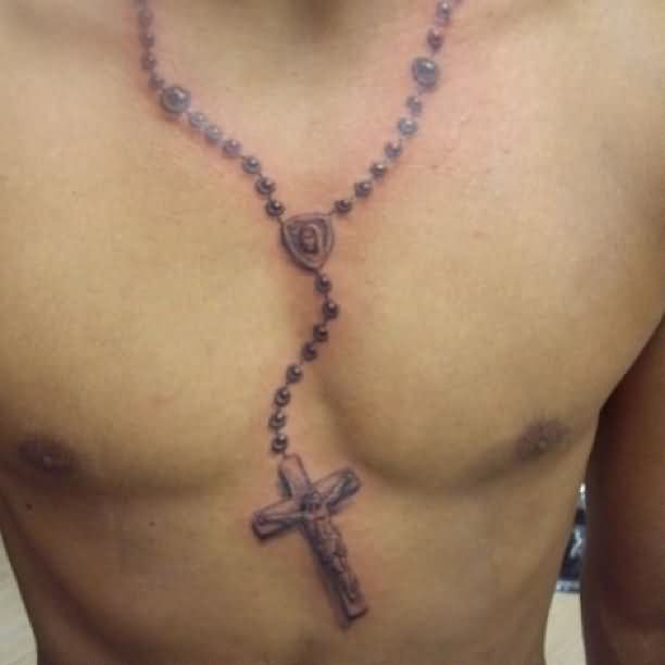 Rosary Neck Chain Tattoo On Man Chest