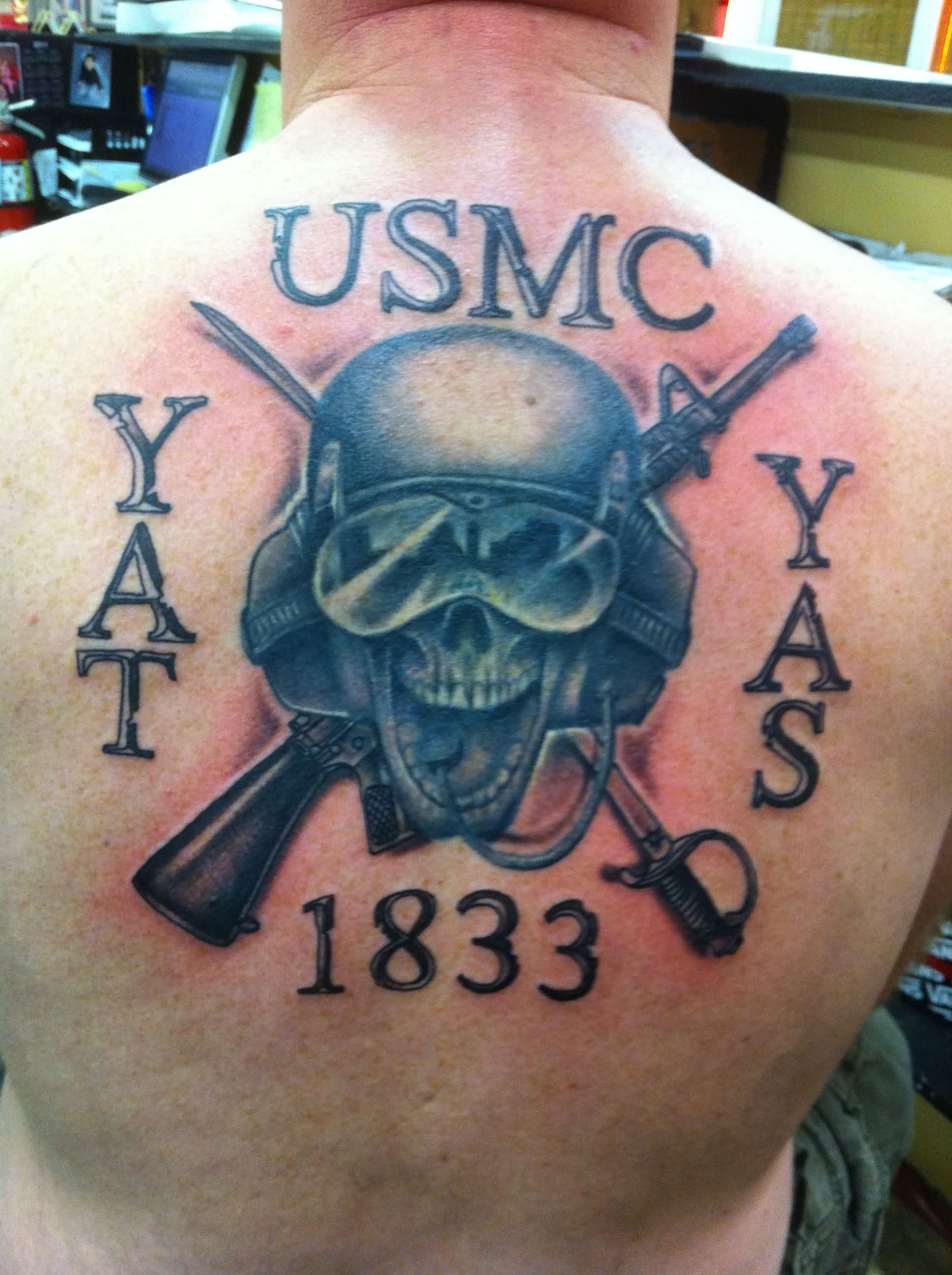 USMC Skull And Guns Weapons Tattoo