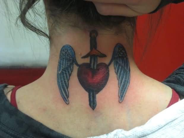 Winged Heart Weapons Tattoo On Nape
