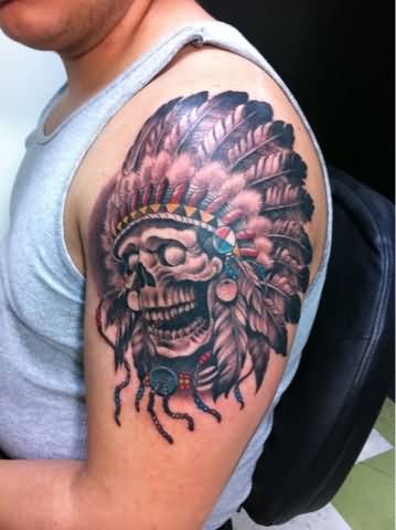 Man Left Shoulder American Skull Tattoo