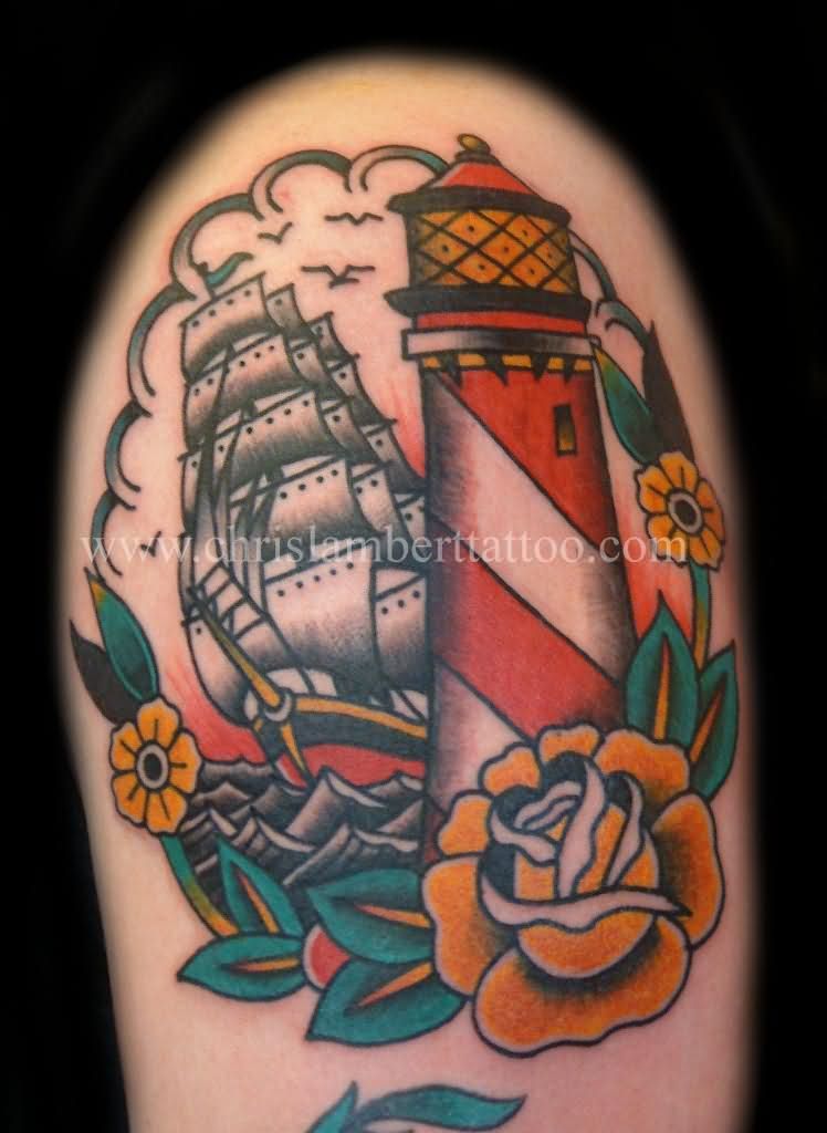 Yellow Rose With Ship And Lighthouse Tattoo Design