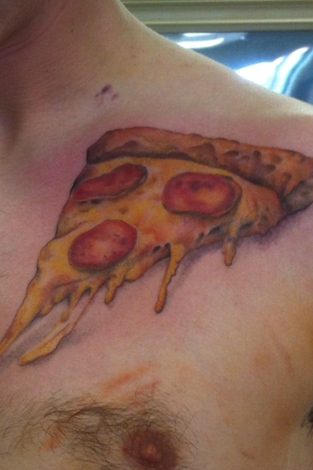 Left Collarbone Pizza Slice Tattoo For Men