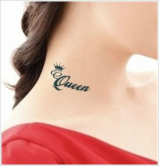 Queen Word And Side Crown Tattoo On Side Neck