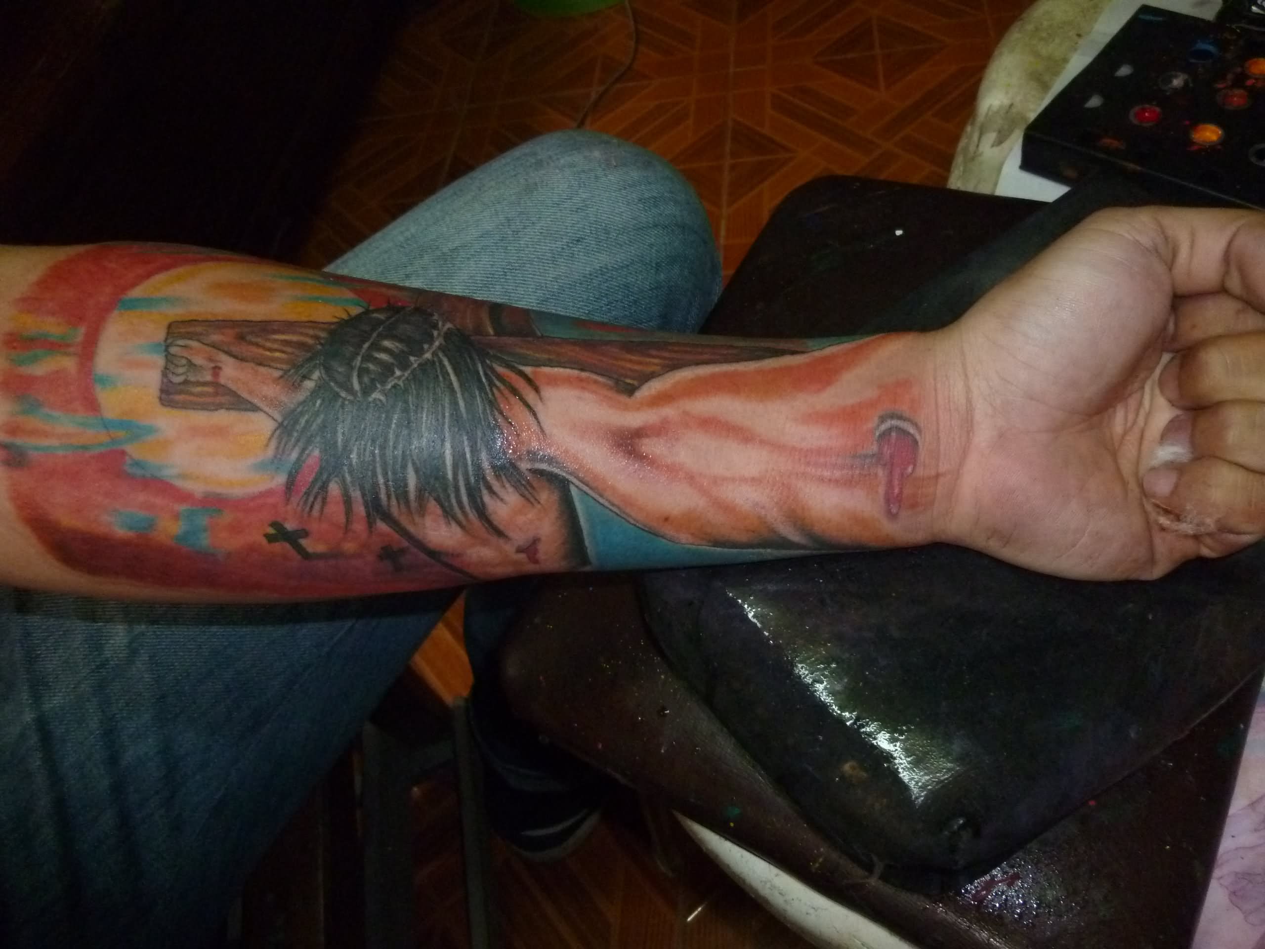 3D Jesus Cross Tattoo On Left Forearm