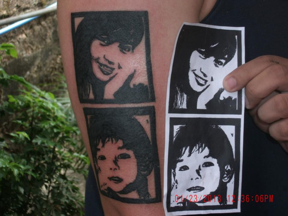 Black Ink Photos Tattoo On Half Sleeve