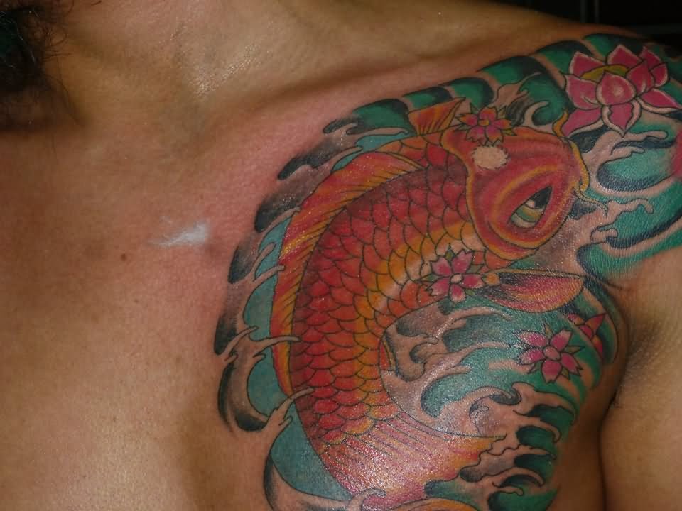 Color Japanese Koi Tattoo On Chest For Men