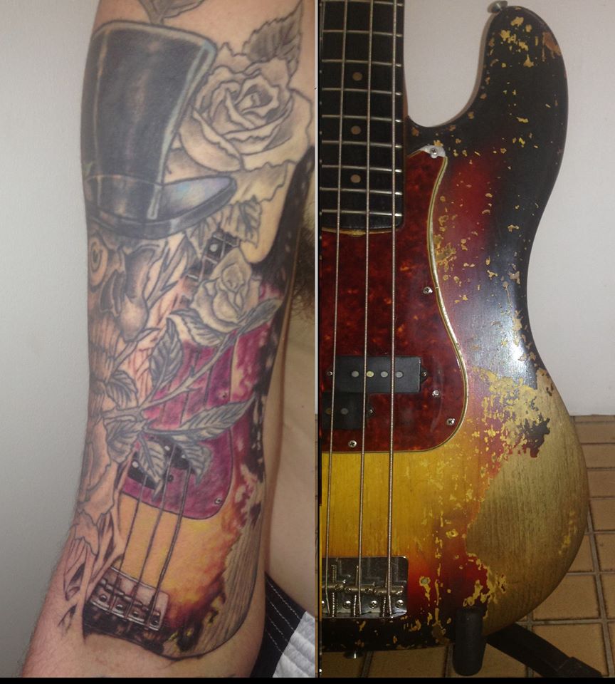 Grey Rose Flower And Color Ink Guitar Tattoo On Sleeve