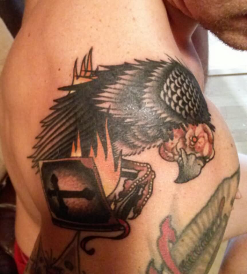 Vulture On Flames Tattoo On Shoulder